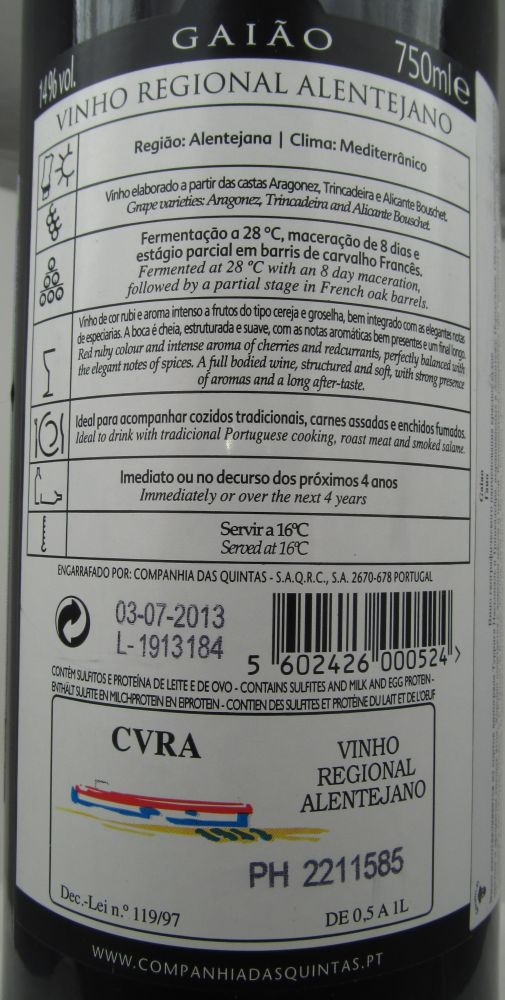 Companhia das Quintas SAQRC S.A. GAIÃO Vinho Regional Alentejano 2012, Back, #1013
