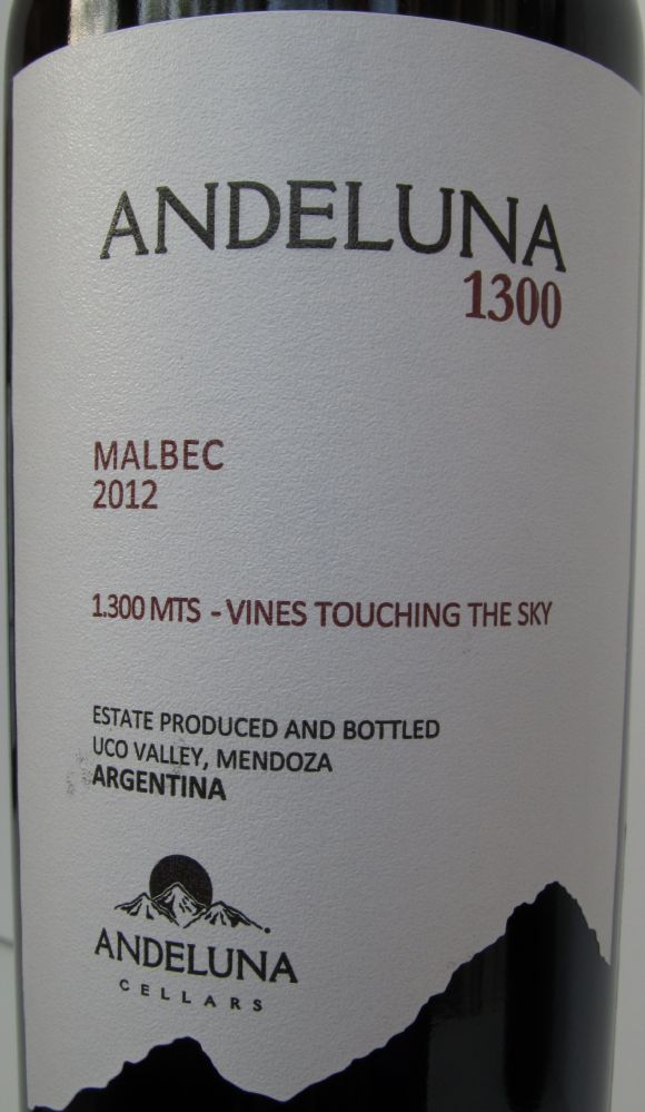 Andeluna Cellars S.R.L. 1300 Malbec 2012, Front, #1308