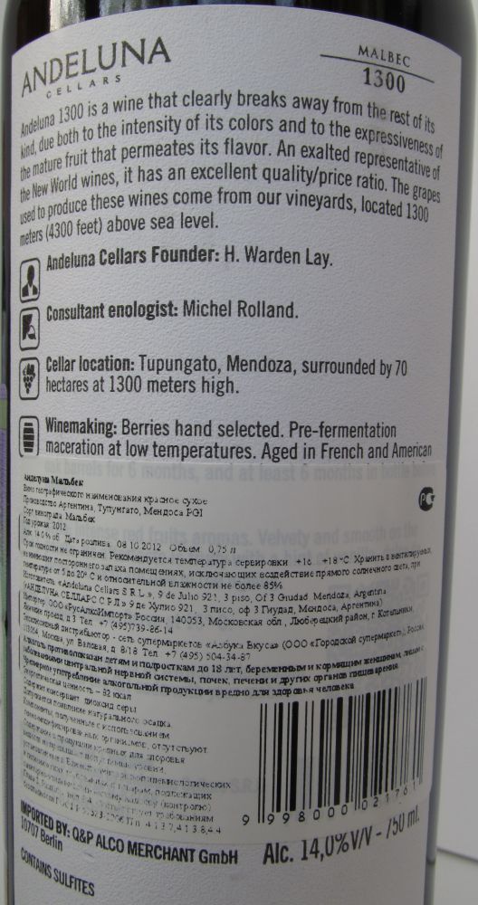 Andeluna Cellars S.R.L. 1300 Malbec 2012, Back, #1309