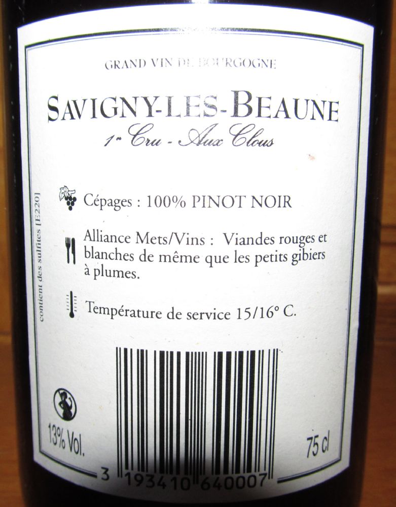 Société Civile du Domaine des Carmes Savigny-lès-Beaune premier cru Aux Clous AOC/AOP 2006, Back, #1360