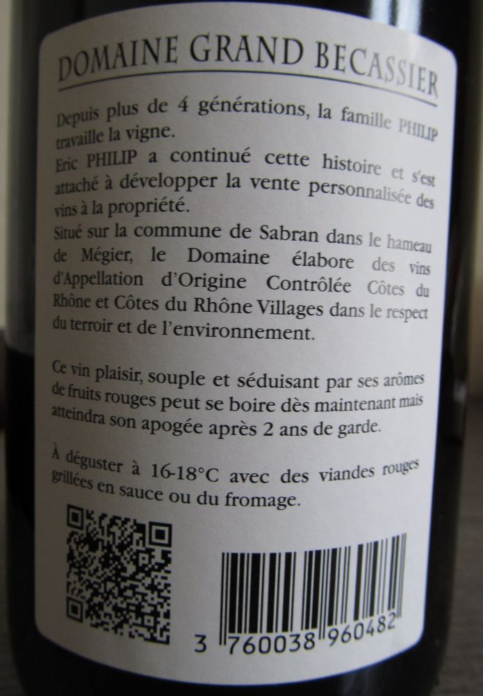 E.A.R.L. Philip Ladet Domaine Grand Becassier Vieilles Vignes Côtes du Rhône AOC/AOP 2009, Back, #1371
