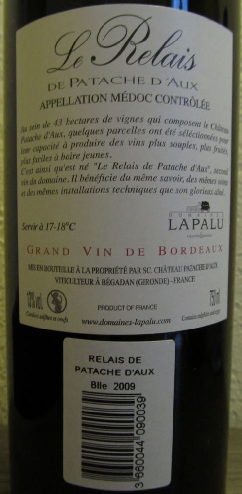SC. Château Patache d'Aux Le Relais de Patache d'Aux Médoc AOC/AOP 2009, Back, #1375