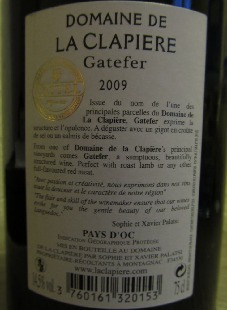 Domaine de la Clapière Catefer Pays d'Oc IGP 2009, Back, #1378