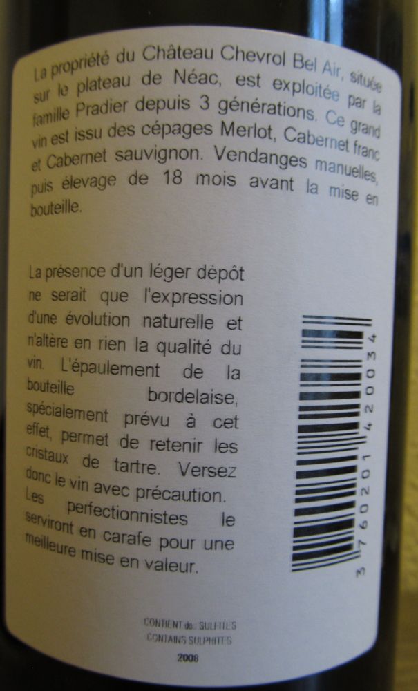 SCEA Pradier Château Chevrol Bel Air Lalande-de-Pomerol AOC/AOP 2008, Back, #1380