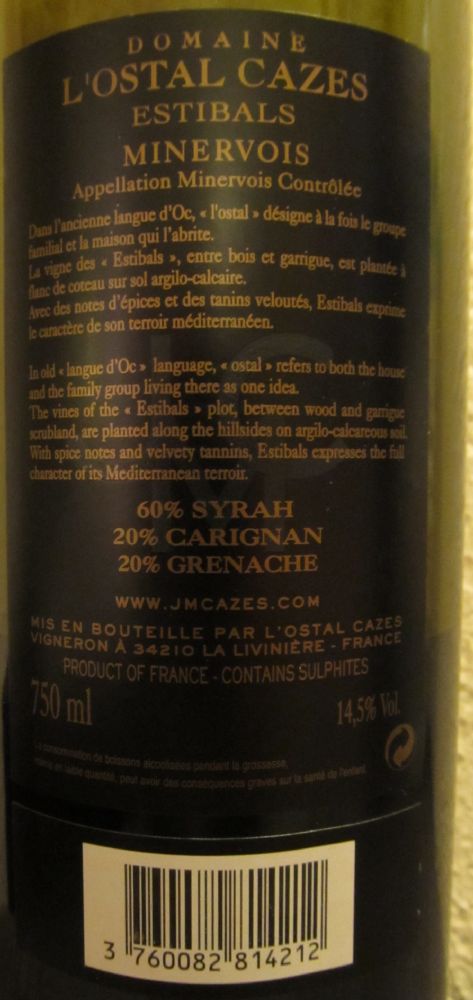 L’Ostal Cazes Domaine L'Ostal Cazes Estibals Minervois AOC/AOP 2008, Back, #1385