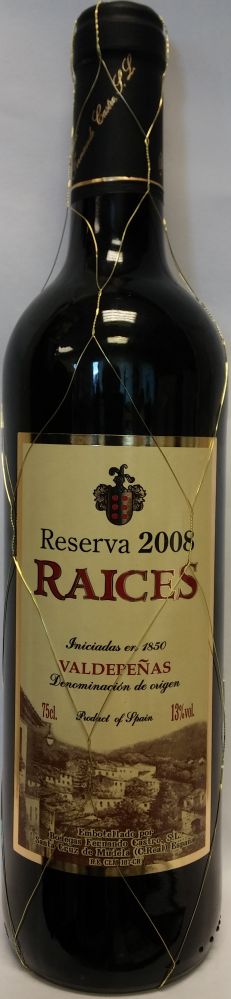 Bodegas Fernando Castro S.L. Raices Reserva DO Valdepeñas 2008, Front, #1497