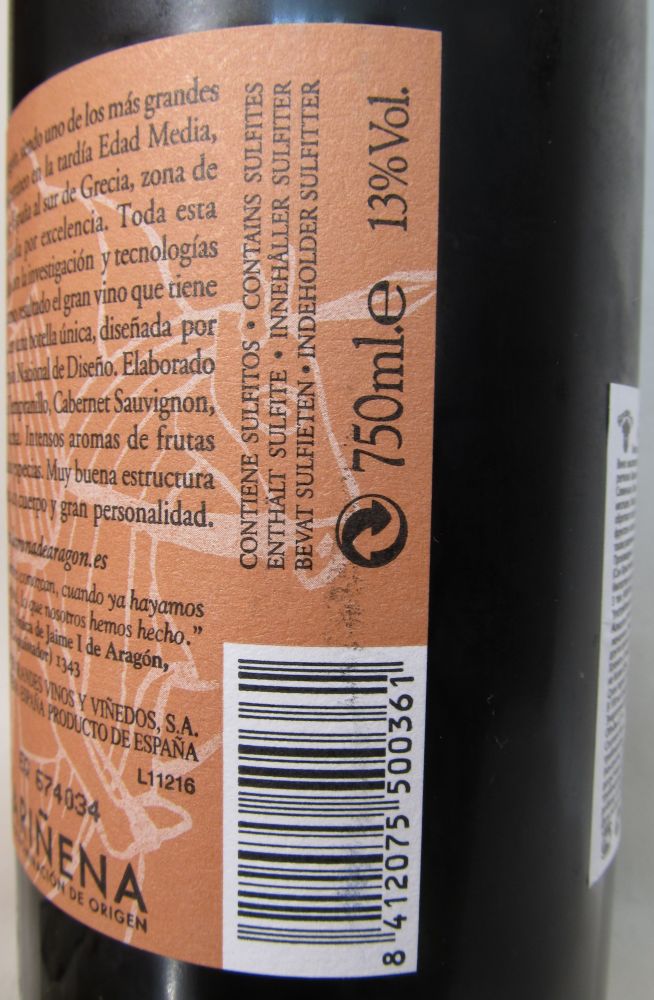 Grandes Vinos y Viñedos S.A. Corona de Aragón Reserva DO Cariñena 2006, Back, #153