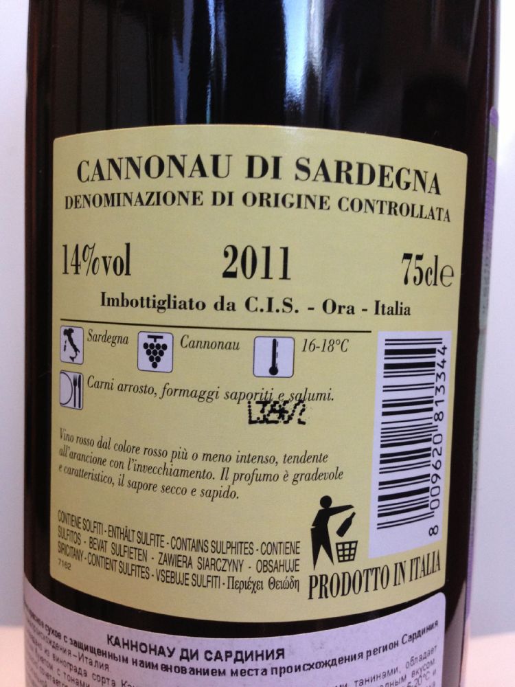 C.I.S. VINZA DE ORU Cannonau di Sardegna DOC 2011, Back, #1572