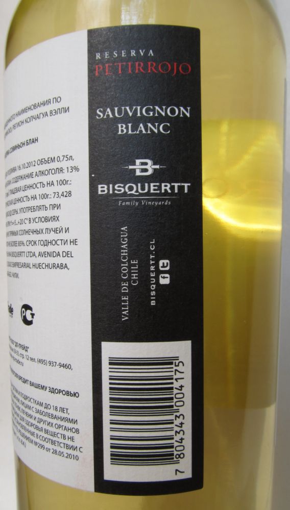 Viña Bisquertt Ltda Reserva PETIRROJO Sauvignon Blanc D.O. Colchagua Valley 2012, Back, #163