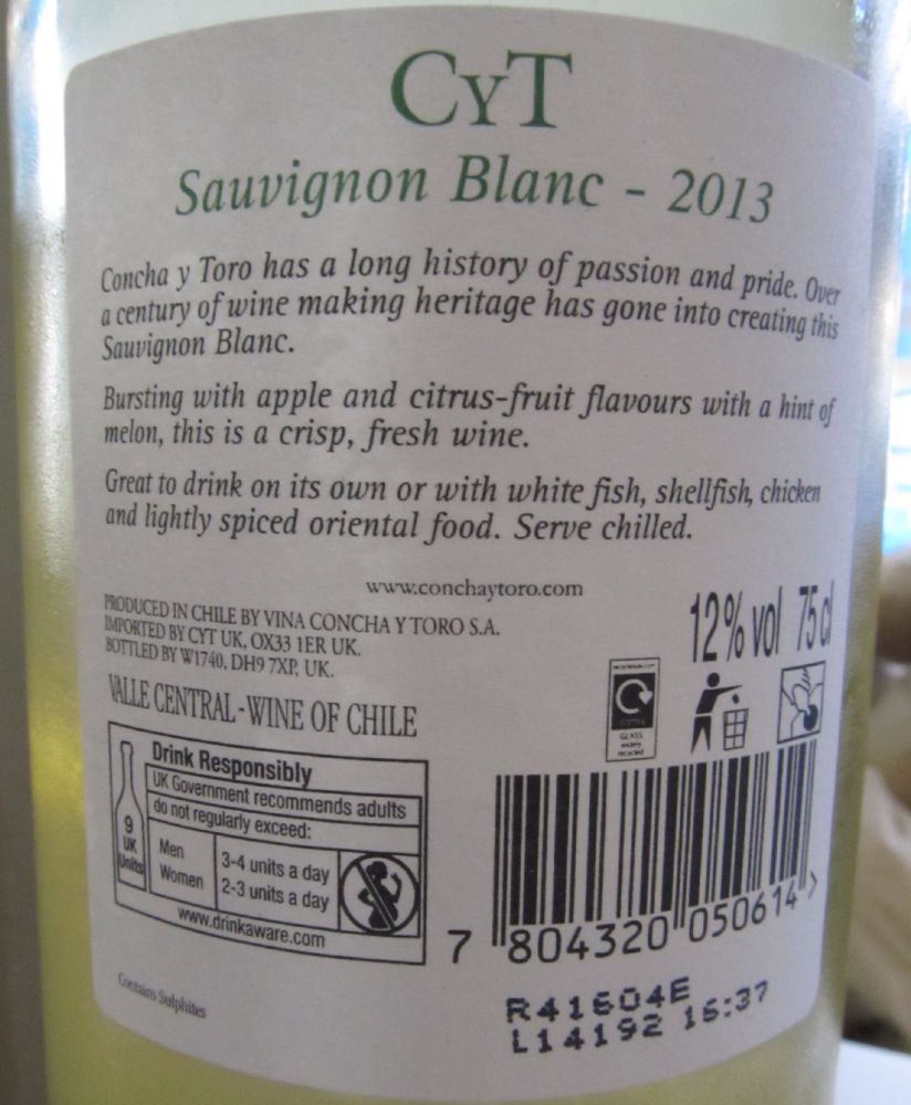 Viña Concha y Toro S.A. CyT Sauvignon Blanc 2013, Back, #1810