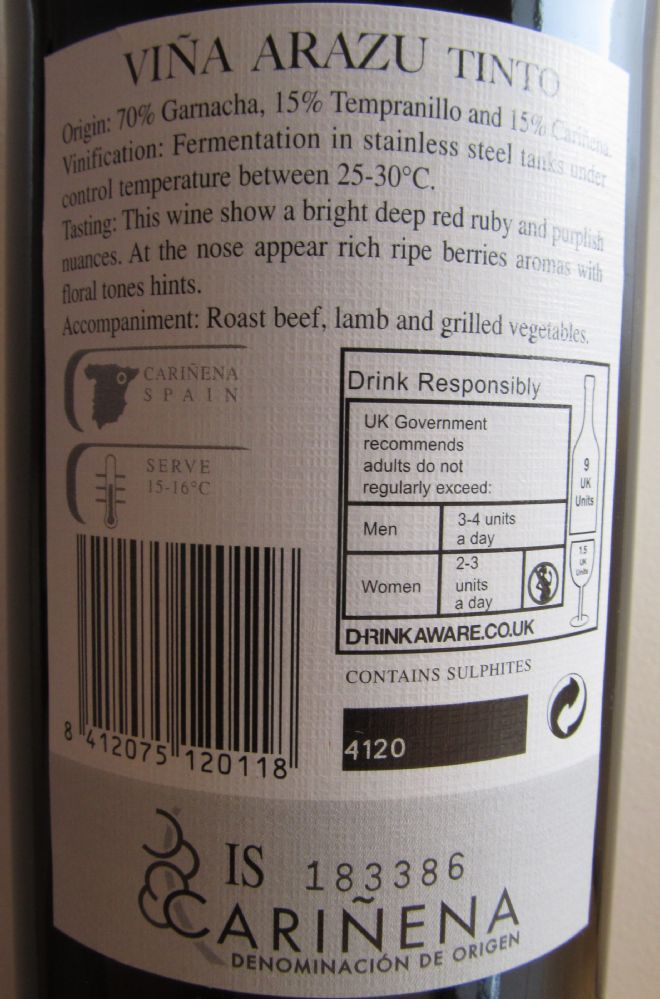 Grandes Vinos y Viñedos S.A. Viña Arazu DO Cariñena 2012, Back, #1832