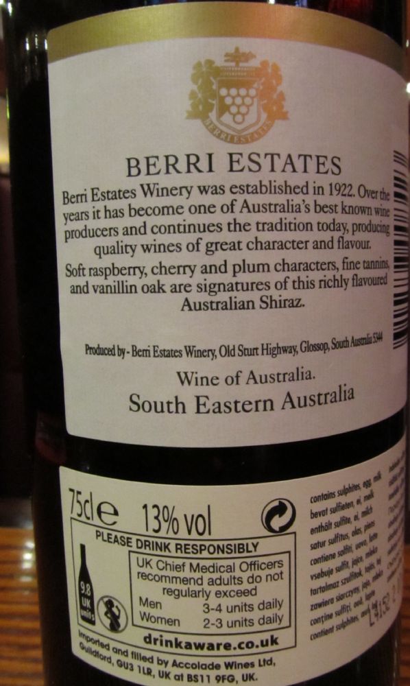 Berri Estates Winery Shiraz 2013, Back, #1840