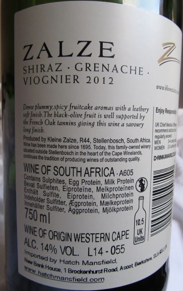 Kleine Zalze Shiraz Grenache Viognier 2012, Back, #1845