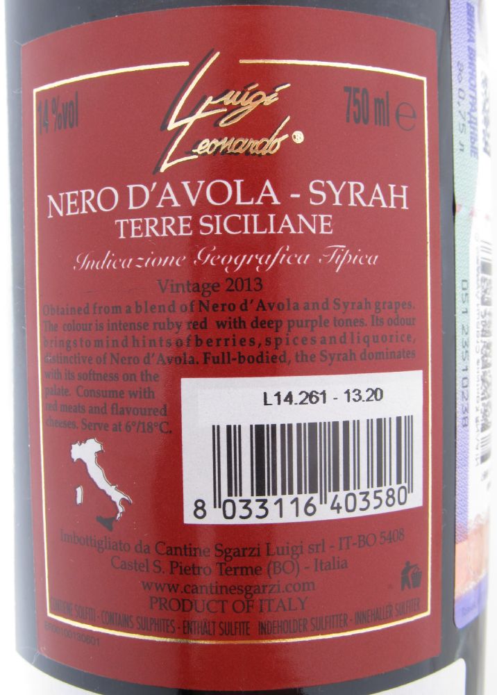 Cantine Sgarzi Luigi s.r.l. Luigi Leonardo Nero d'Avola Syrah Terre Siciliane IGT 2013, Back, #2103