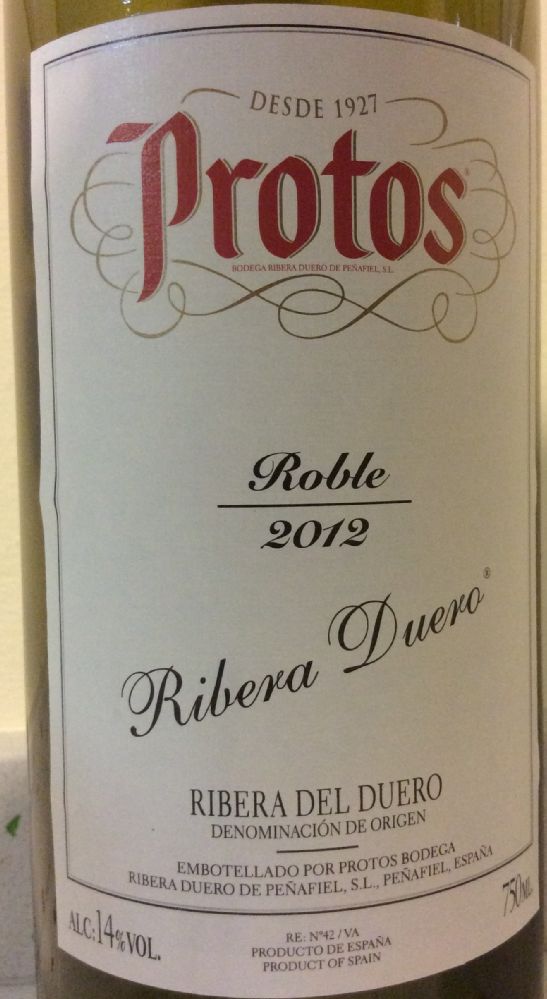 Protos Bodega Ribera Duero de Peñafiel S.L. Roble DO Ribera del Duero 2012, Main, #2350