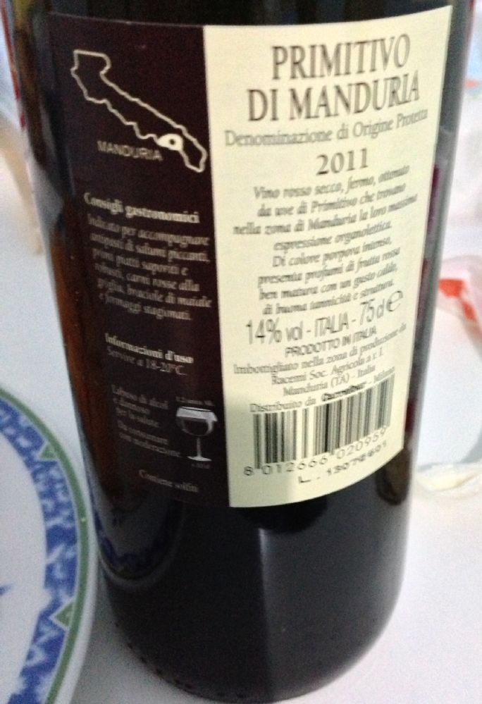 Azienda Agricola RACEMI Soc. Agr. Srl al Tralcio Antico Primitivo di Manduria DOC 2011, Back, #266