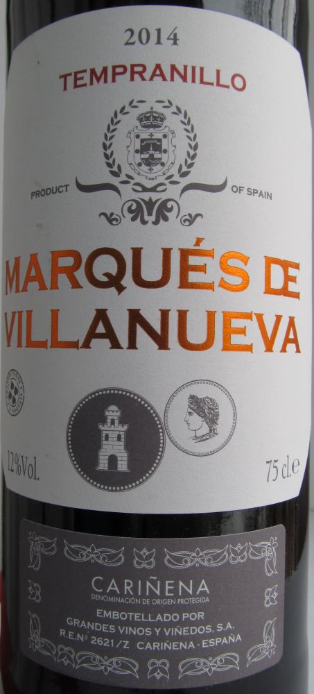 Grandes Vinos y Viñedos S.A. Marqués de Villanueva Tempranillo DO Cariñena 2014, Main, #2735