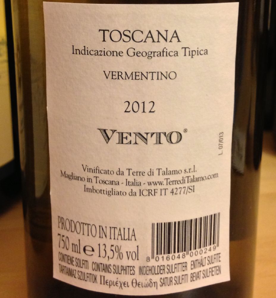 Terre di Talamo s.r.l. Vento Vermentino Toscana IGT 2012, Back, #280
