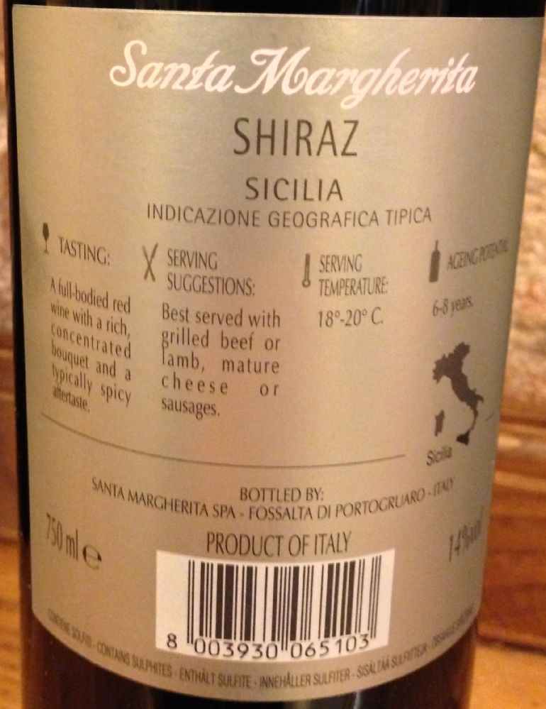 Santa Margherita S.p.A. Shiraz Sicilia IGT 2009, Back, #296