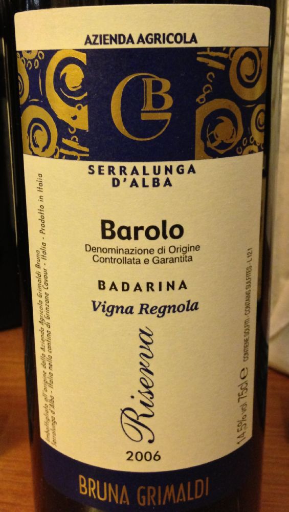 Azienda Agricola Grimaldi Bruna BADARINA Regnola Barolo Riserva DOCG 2006, Front, #305