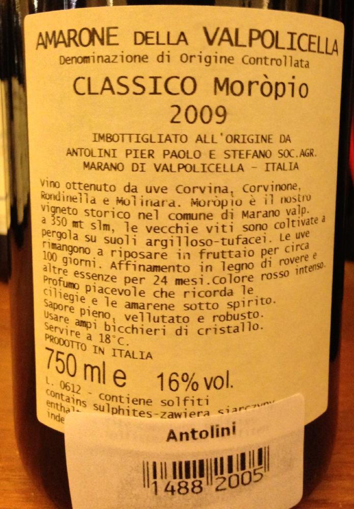 Antolini Pier Paolo e Stefano Soc. Agr. Moròpio Amarone della Valpolicella Classico DOCG 2009, Back, #308