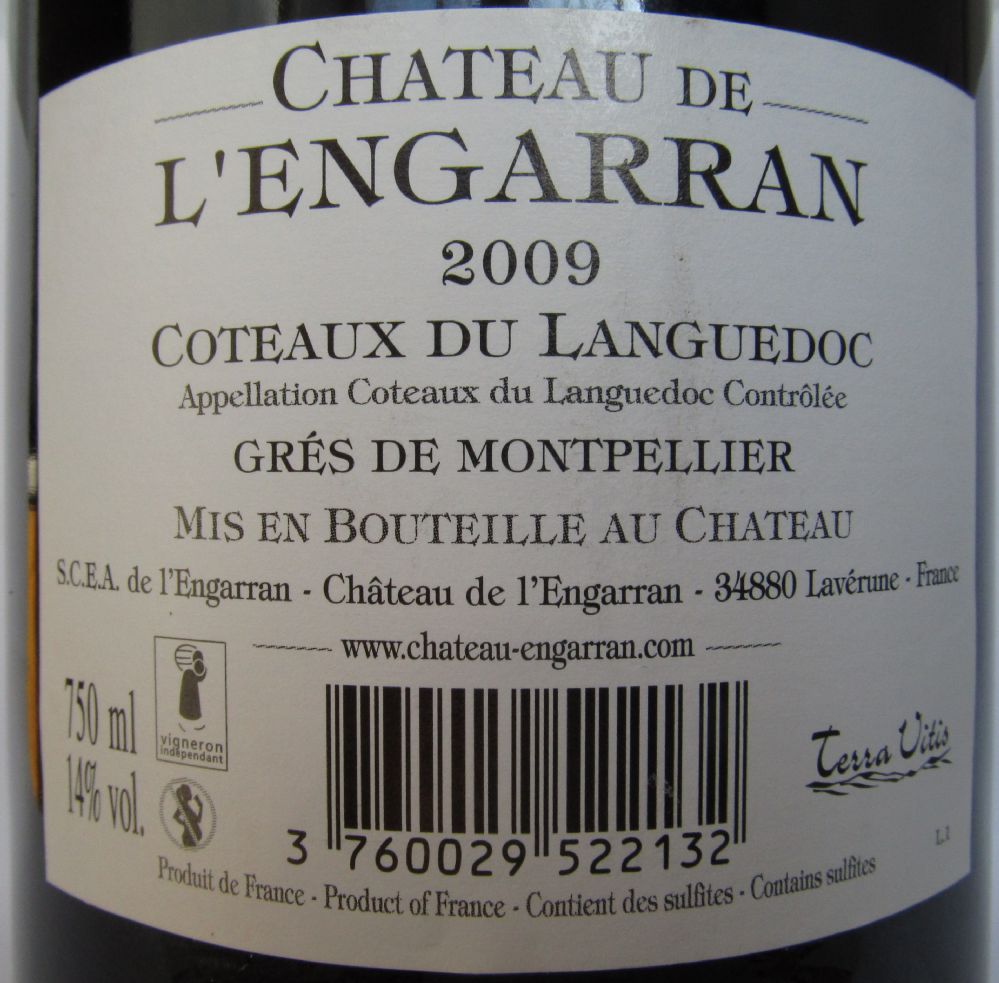 S.C.E.A. du Château de l'Engarran Languedoc Grès de Montpellier AOC/AOP 2009, Back, #362