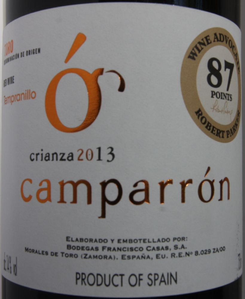 Bodegas Francisco Casas S.A. Crianza Camparrón DO Toro 2013, Main, #6659