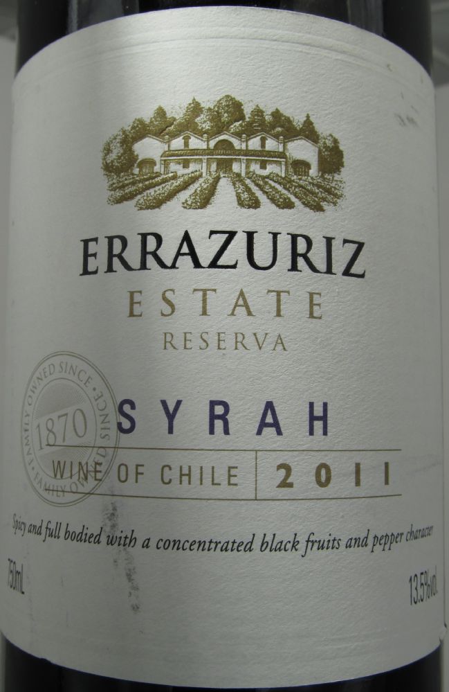 Viña Errazuriz S.A. Estate Reserva Syrah 2011, Front, #699