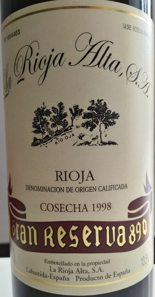 La Rioja Alta S.A. Gran Reserva 890 DOCa Rioja 1998, Main, #7000