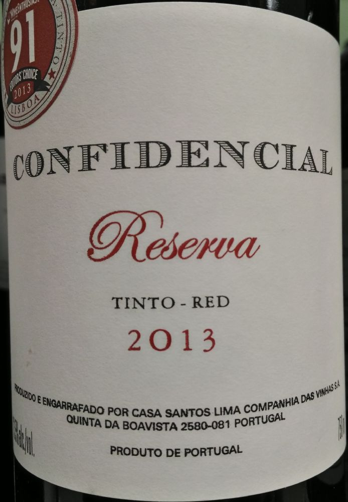 Casa Santos Lima Companhia das Vinhas S.A. Confidencial Reserva Vinho Regional Lisboa 2013, Main, #7397