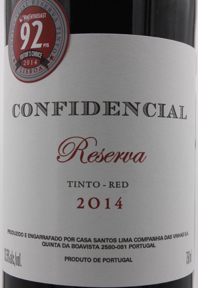Casa Santos Lima Companhia das Vinhas S.A. Confidencial Reserva Vinho Regional Lisboa 2014, Main, #8037