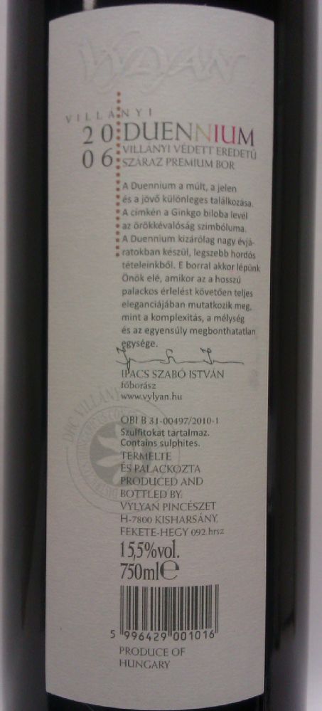 Vylyan Szőlőbirtok és Pincészet Duennium 2006, Back, #895