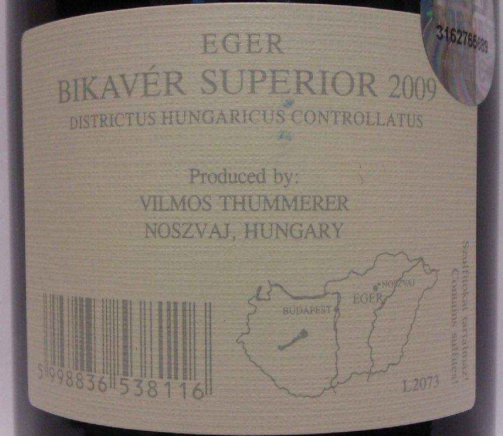 VILMOS THUMMERER Egri Bikavér Superior 2009, Back, #899