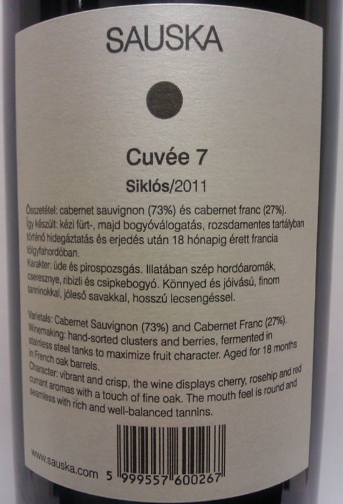 Sauska és Társa Kft Cuvée 7 Siklós 2011, Back, #902